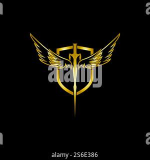 Gold winged sword with shield vector icon. Stock Vector