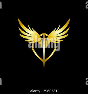 Gold winged sword with shield vector icon. Stock Vector