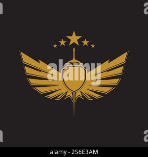 Gold winged sword with shield vector icon. Stock Vector