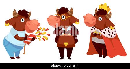 Funny animal character wearing king costume. Ox working as advocate or businessman. Bull celebrating new 2021 year or christmas. Winter holidays and happy occasions and fun. Vector in flat style. Bull celebrating holiday, wearing king costume Stock Vector