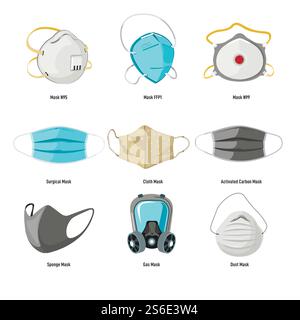 Face covering and facial masks, preventive measures during coronavirus outbreak. N99 and n95, activate carbon and sponge, textile and dust. Gas and viruses safety protection. Vector in flat style. Facial masks and covering types, coronavirus covid Stock Vector
