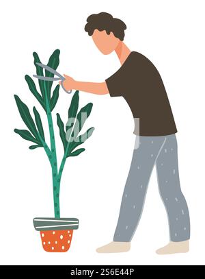 Caring for growing plants, isolated male character cutting leaves with scissors. Gardening and florist hobby. Man with flourishing decoration in pot. Botanist or farmer work. Vector in flat style. Male character cutting leaves of flower in pot Stock Vector