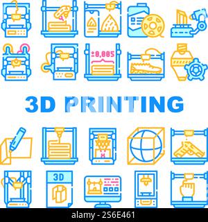 3d Printing Equipment Collection Icons Set Vector. 3d Printing Device And Scanner, Mobile Control And Monitor Settings, Details And Powder Concept Linear Pictograms. Contour Color Illustrations. 3d Printing Equipment Collection Icons Set Vector Stock Vector