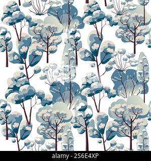 Snowy landscape with trees, bushes and branches covered with snow. Frozen forest or woods seamless pattern with hoarfrost. Wintery scenery with cold stormy weather outside. Vector in flat style. Winter landscape with snowy trees branches pattern Stock Vector