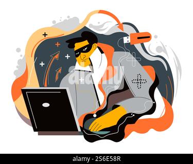Cyber attacks made by professional hacker sitting by laptop. Person looking at screen of computer, coding and stealing money. Hacking powerful systems and committing crimes. Vector in flat style. Hacker with laptop, cyber attack and crimes vector Stock Vector