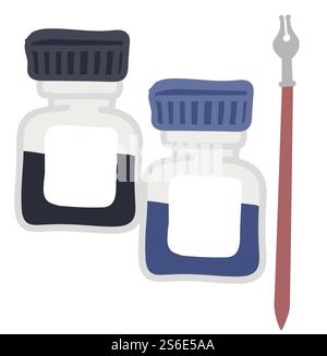 Calligraphy pen for calligraphic and accurate writing and bottles with inks or paints. Isolated containers and vintage object with sharp end. Retro old fashioned stationery. Vector in flat style. Inks or bottles with paints with calligraphic pen Stock Vector