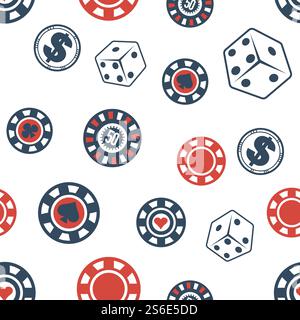 Gambling and playing in casino, chips and dices. Background or print, cubes with dots and circle objects with dollar and heart signs. Leisure and time spending. Seamless pattern, vector in flat style. Casino chips and dice, gambling seamless pattern Stock Vector