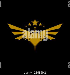 Gold winged sword with shield vector icon. Stock Vector