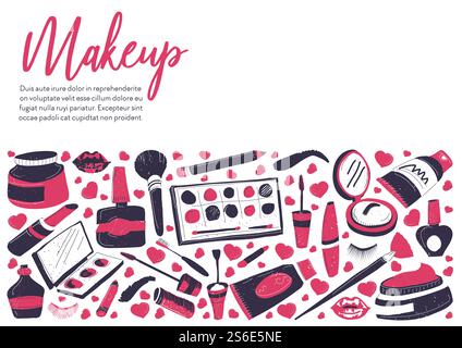 Shop or store with cosmetic products for ladies. Beauty studio with makeup service. Mascara and powder with mirror, palettes and nail polishes. Lipstick and lotions in tubes. Vector in flat style. Makeup cosmetics and makeup in studio or shop Stock Vector