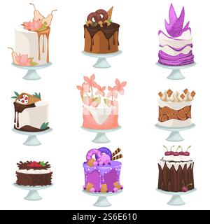 Desserts and sweets in menu of cafe or restaurant. Isolated yummy cake with chocolate and donuts, cherries and berries. Confectionery and patisserie. Bakery shop product, vector in flat style. Delicious cakes with chocolate topping, bakery Stock Vector