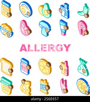 Allergy On Products Collection Icons Set Vector. Allergy On Medicaments And Cosmetics, Fish And Meat, Cheese And Milk, Fruits And Vegetables Isometric Sign Color Illustrations. Allergy On Products Collection Icons Set Vector Stock Vector