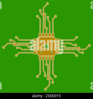 Flat Microelectronics Circuits. Circuit board vector, green background. Stock Vector