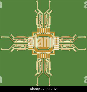 Flat Microelectronics Circuits. Circuit board vector, green background. Stock Vector