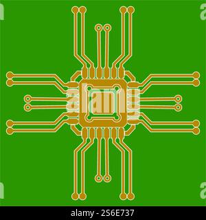 Flat Microelectronics Circuits. Circuit board vector, green background. Stock Vector
