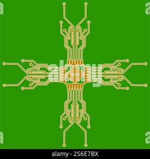 Flat Microelectronics Circuits. Circuit board vector, green background. Stock Vector