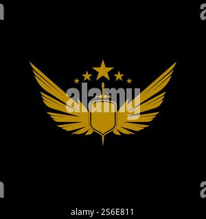Gold winged sword with shield vector icon. Stock Vector