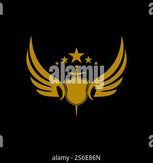 Gold winged sword with shield vector icon. Stock Vector