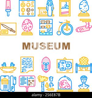 Museum Exhibits And Excursion Icons Set Vector. Museum Cctv And Audio Guide, Coins And Skull, Dinosaur Egg And Meteorite, Statue And Pottery Concept Linear Pictograms. Contour Color Illustrations. Museum Exhibits And Excursion Icons Set Vector Stock Vector
