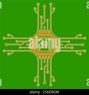 Flat Microelectronics Circuits. Circuit board vector, green background. Stock Vector