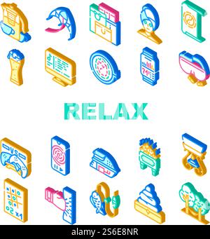 Relax Therapy Time Collection Icons Set Vector. Relax Shopping And Yoga, Music And Video Games, Beer And Tea, Fishing And Camping Isometric Sign Color Illustrations. Relax Therapy Time Collection Icons Set Vector Stock Vector