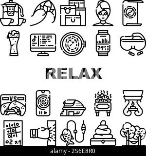 Relax Therapy Time Collection Icons Set Vector. Relax Shopping And Yoga, Music And Video Games, Beer And Tea, Fishing And Camping Black Contour Illustrations. Relax Therapy Time Collection Icons Set Vector Stock Vector