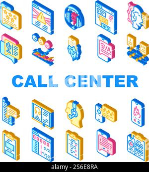 Call Center Service Collection Icons Set Vector. Call Center Operator And Chat Communication With Client And Support, Solve Problem And Help Isometric Sign Color Illustrations. Call Center Service Collection Icons Set Vector Stock Vector