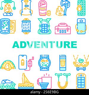Adventure Equipment Collection Icons Set Vector. Heated Sleeping Bag And Shovel Or Multi Tool Ax, Maps And Rescue Kit For Adventure Concept Linear Pictograms. Contour Color Illustrations. Adventure Equipment Collection Icons Set Vector flat Stock Vector