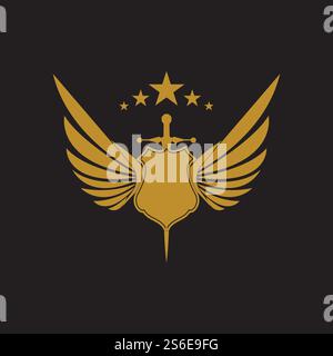 Gold winged sword with shield vector icon. Stock Vector