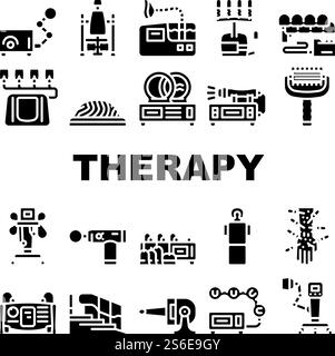 Physical Therapy Aid Collection Icons Set Vector. Magnetic Therapy Device And Laser, Massager, Physiotherapy Complex And Ultrasonic Inhaler Glyph Pictograms Black Illustrations. Physical Therapy Aid Collection Icons Set Vector Stock Vector
