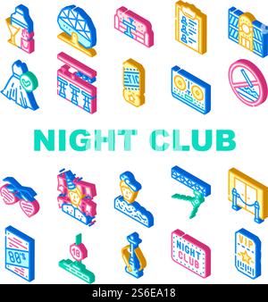 Night Club Dance Party Collection Icons Set Vector. Night Club Lounge Area And Floor Disco Ball, Bar Counter And Dj Equipment Isometric Sign Color Illustrations. Night Club Dance Party Collection Icons Set Vector Stock Vector