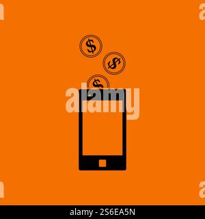 Golden Coins Fall In Smartphone Icon. Black on Orange Background. Vector Illustration. Stock Vector