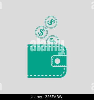 Golden Coins Fall In Purse Icon. Green on Gray Background. Vector Illustration. Stock Vector