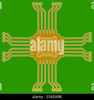 Flat Microelectronics Circuits. Circuit board vector, green background. Stock Vector