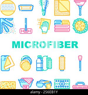 Microfiber For Clean Collection Icons Set Vector. Microfiber With Handle And Mop Head, Brush Cleaning Windows And Towel Roller Concept Linear Pictograms. Contour Color Illustrations. Microfiber For Clean Collection Icons Set Vector Stock Vector