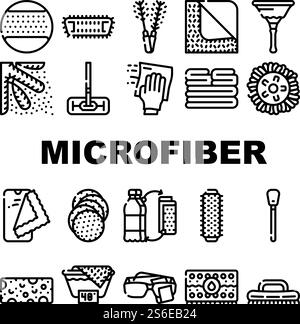 Microfiber For Clean Collection Icons Set Vector. Microfiber With Handle And Mop Head, Brush Cleaning Windows And Towel Roller Black Contour Illustrations. Microfiber For Clean Collection Icons Set Vector Stock Vector
