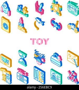 Toy And Children Game Collection Icons Set Vector. Robot And Radio Controlled Car, Flying Fish And Doggy Bag, Quadrocopter And Telescope Toy Isometric Sign Color Illustrations. Toy And Children Game Collection Icons Set Vector Stock Vector