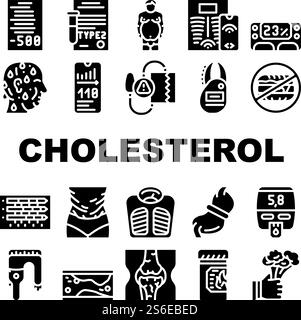 Cholesterol Overweight Collection Icons Set Vector. Cholesterol Overweight People And Diabetes Disease, Food Diary And Smart Scales Glyph Pictograms Black Illustrations. Cholesterol Overweight Collection Icons Set Vector flat Stock Vector