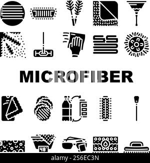 Microfiber For Clean Collection Icons Set Vector. Microfiber With Handle And Mop Head, Brush Cleaning Windows And Towel Roller Glyph Pictograms Black Illustrations. Microfiber For Clean Collection Icons Set Vector Stock Vector