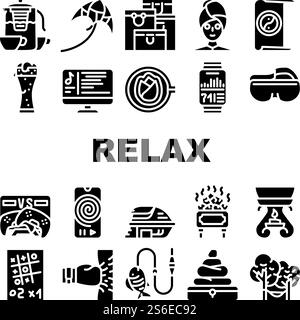 Relax Therapy Time Collection Icons Set Vector. Relax Shopping And Yoga, Music And Video Games, Beer And Tea, Fishing And Camping Glyph Pictograms Black Illustrations. Relax Therapy Time Collection Icons Set Vector Stock Vector