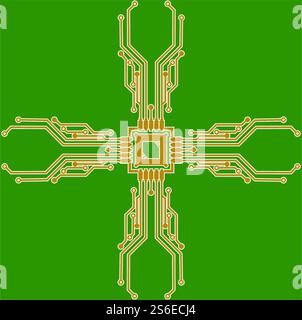 Flat Microelectronics Circuits. Circuit board vector, green background. Stock Vector