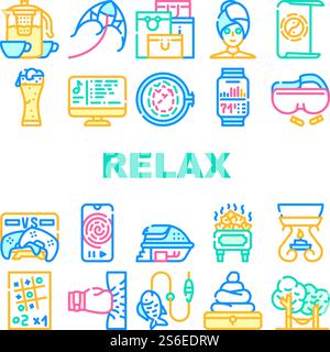 Relax Therapy Time Collection Icons Set Vector. Relax Shopping And Yoga, Music And Video Games, Beer And Tea, Fishing And Camping Concept Linear Pictograms. Contour Color Illustrations. Relax Therapy Time Collection Icons Set Vector Stock Vector