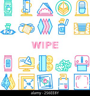 Wipe Hygiene Accessory Collection Icons Set Vector. Wet Wipe And In Vacuum Package, Napkin In Roll And On Plate, For Cleaning Glasses And Dental Concept Linear Pictograms. Contour Color Illustrations. Wipe Hygiene Accessory Collection Icons Set Vector Stock Vector