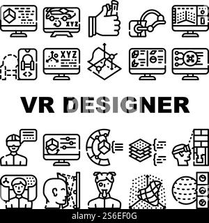Vr Designer Occupation Collection Icons Set Vector. Programming And Design In Car Building, 3d Glasses And Modeling, Vr Designer Work Black Contour Illustrations. Vr Designer Occupation Collection Icons Set Vector Stock Vector