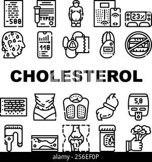Cholesterol Overweight Collection Icons Set Vector. Cholesterol Overweight People And Diabetes Disease, Food Diary And Smart Scales Black Contour Illustrations. Cholesterol Overweight Collection Icons Set Vector flat Stock Vector