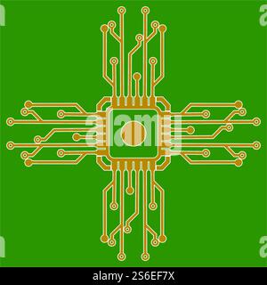Flat Microelectronics Circuits. Circuit board vector, green background. Stock Vector