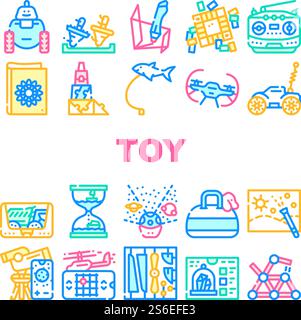 Toy And Children Game Collection Icons Set Vector. Robot And Radio Controlled Car, Flying Fish And Doggy Bag, Quadrocopter And Telescope Toy Concept Linear Pictograms. Contour Color Illustrations. Toy And Children Game Collection Icons Set Vector Stock Vector