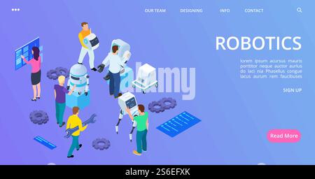 Isometric robotics landing page. People building robots and develop software vector banner. 3d robot programming and engineering illustration. Isometric robotics landing page. People building robots and develop software vector banner Stock Vector