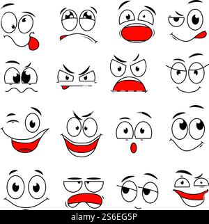 Cartoon face expression. Funny comic eyes and mouths with happy, sad and angry, surprise emotions. Doodle characters vector set. Illustration happy smile and angry sad emotion. Cartoon face expression. Funny comic eyes and mouths with happy, sad and angry, surprise emotions. Doodle characters vector set Stock Vector