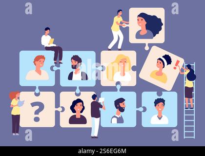 Personnel change concept. Recruiting, job search, human resource, employment agency vector illustration. Puzzle business team with tiny headhunters characters. Business employment team and headhunter. Personnel change concept. Recruiting, job search, human resource, employment agency vector illustration. Puzzle business team with tiny headhunters characters Stock Vector