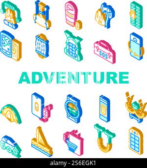 Adventure Equipment Collection Icons Set Vector. Heated Sleeping Bag And Shovel Or Multi Tool Ax, Maps And Rescue Kit For Adventure Isometric Sign Color Illustrations. Adventure Equipment Collection Icons Set Vector flat Stock Vector